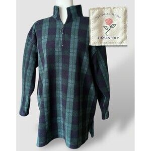 Victoria's Secret Country 1/4 Zip Pullover Fleece Tunic Green Navy Plaid Medium